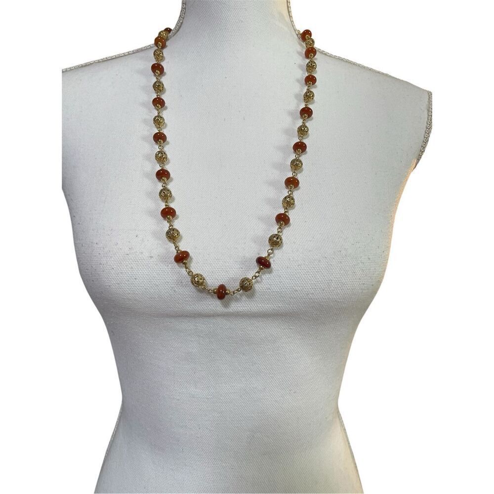Vintage Beaded Carnelian and Filigree Beaded  Necklace